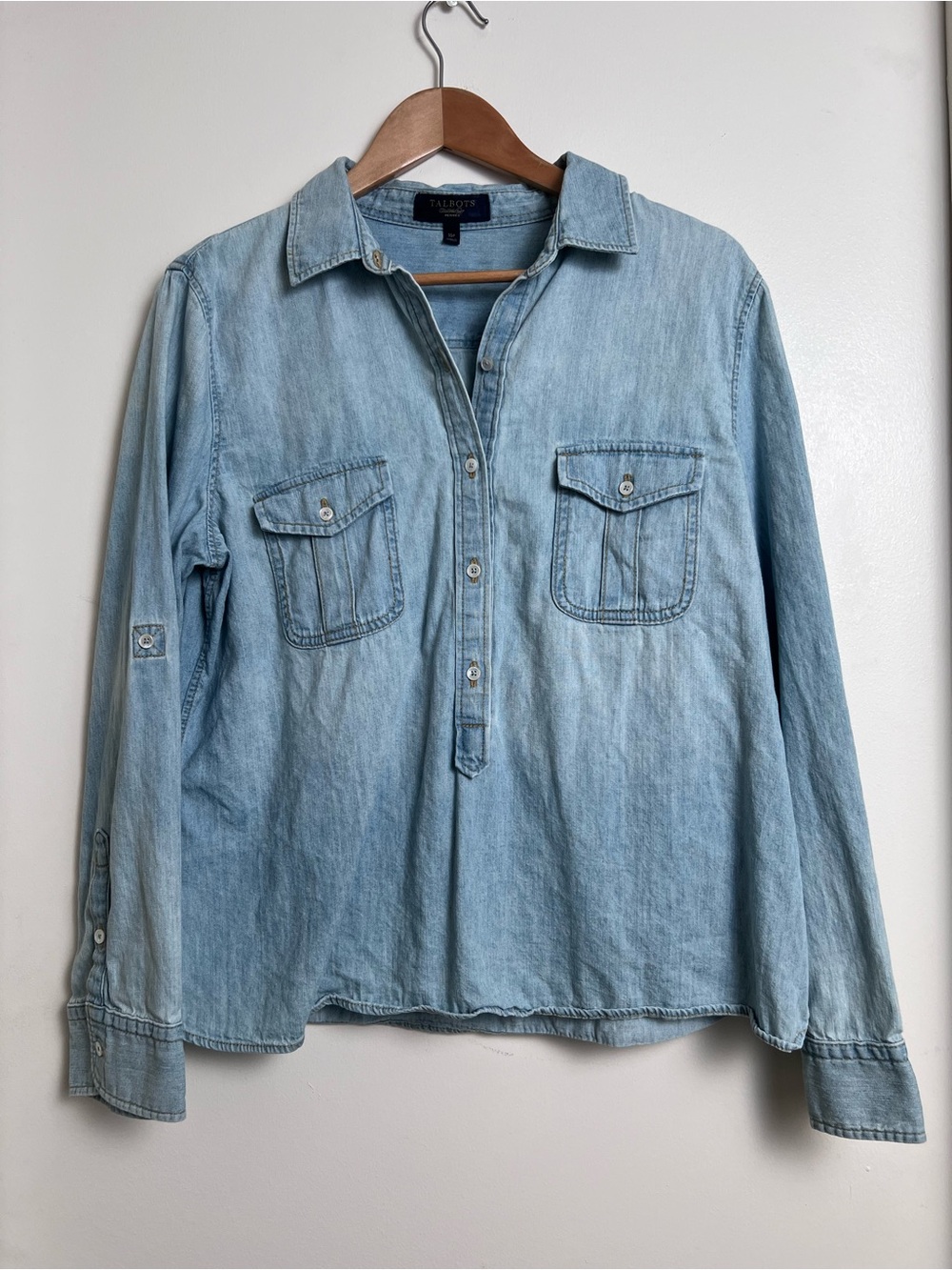 Talbots Petites 16P Chambray Popover Shirt 100% Cotton Roll Tab Blue